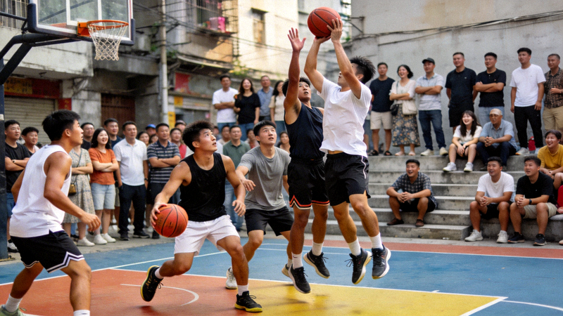 城市街头篮球场，两支业余队伍正在进行激烈的三对三比赛，周围围满了观看的市民
