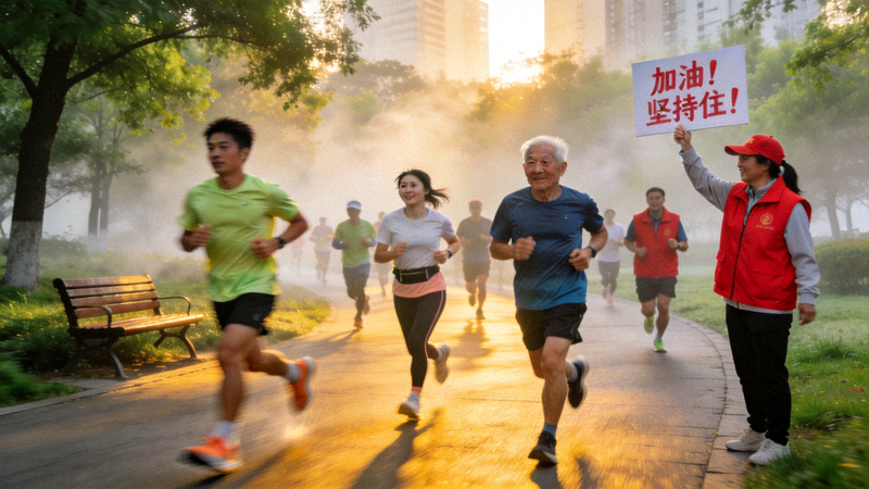 清晨的城市公园，不同年龄的跑步爱好者正在参加社区马拉松活动，沿途有志愿者加油助威