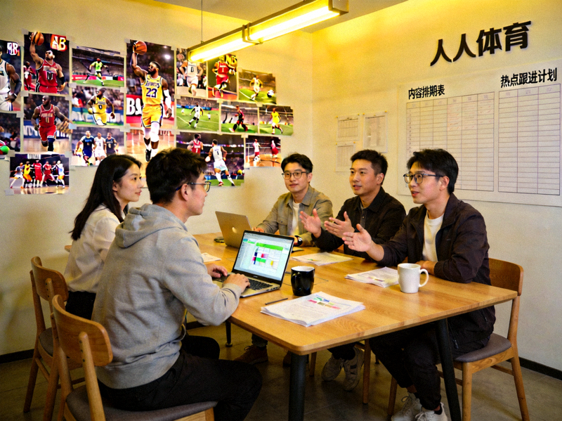 人人体育团队在办公室内讨论内容策划，墙上贴满了各种体育赛事照片和计划表